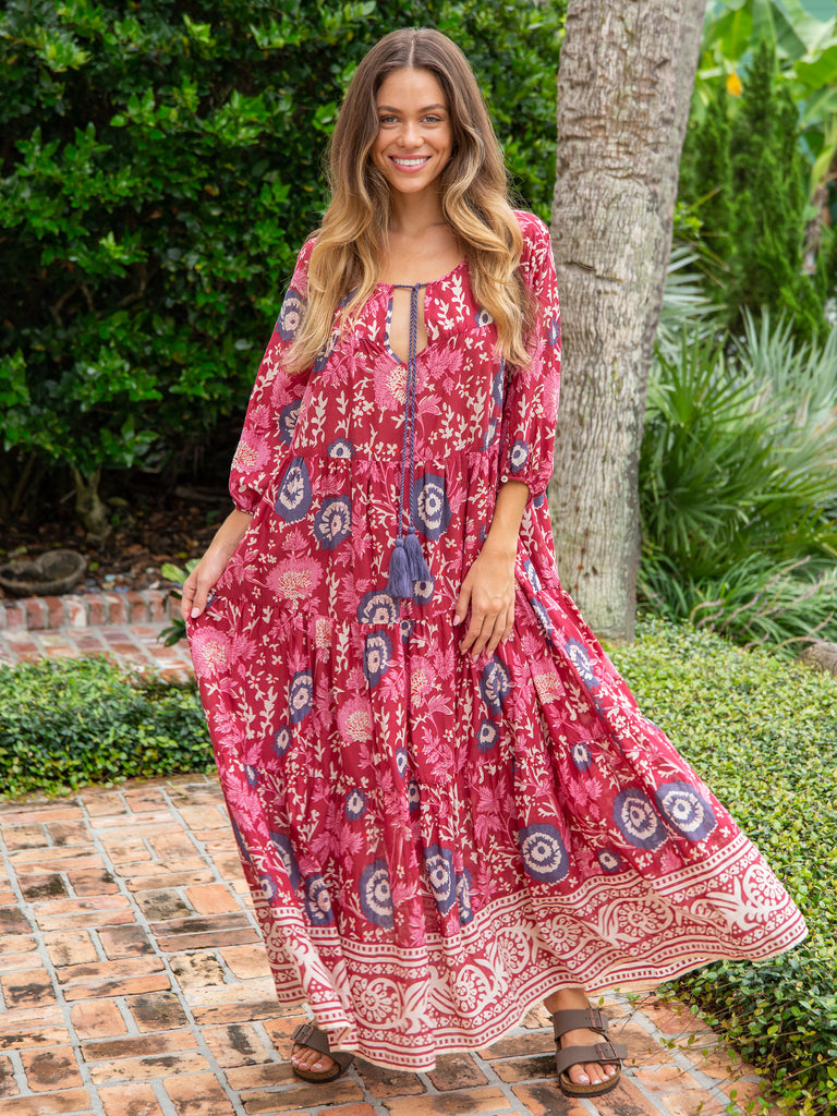Auguste Boho Maxi Dress|Red Pink Border-view 3