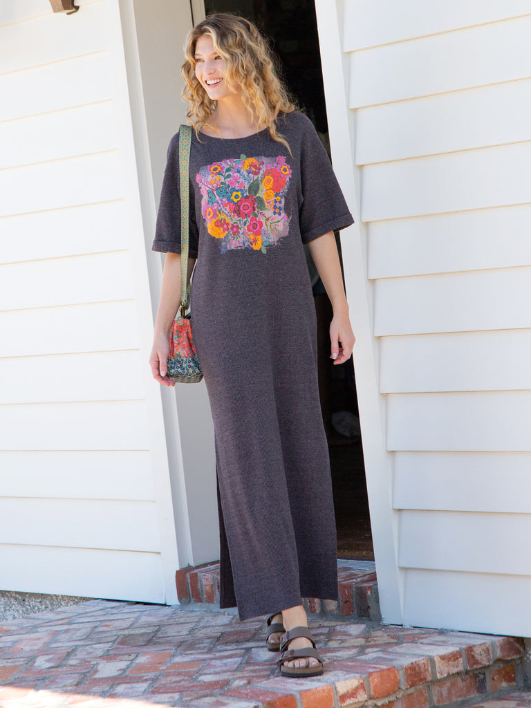 Graphic Tee Maxi Dress - Charcoal Floral Bouquet-view 1