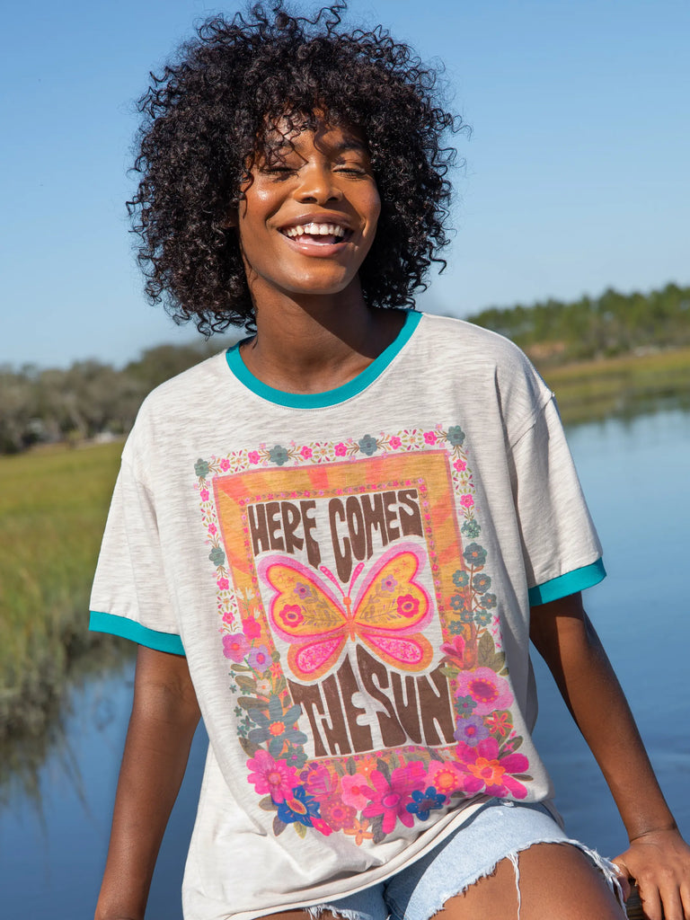 Ringer Oversized Tee Shirt - Here Comes The Sun-view 1
