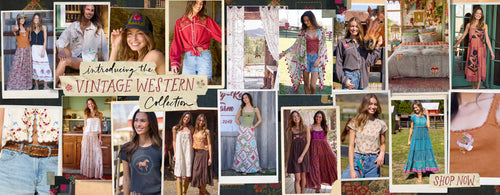 Collage of women wearing vintage western clothing with promotional text.
