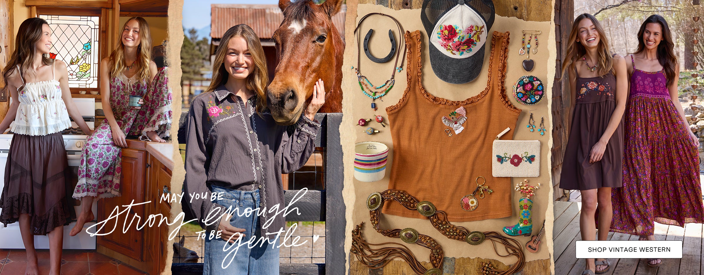 Collage of women in Western-style clothing with a horse, jewelry, and a quote about strength.