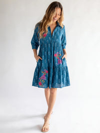 Becca Embroidered Mini Dress - Block Stamp Indigo-view 1