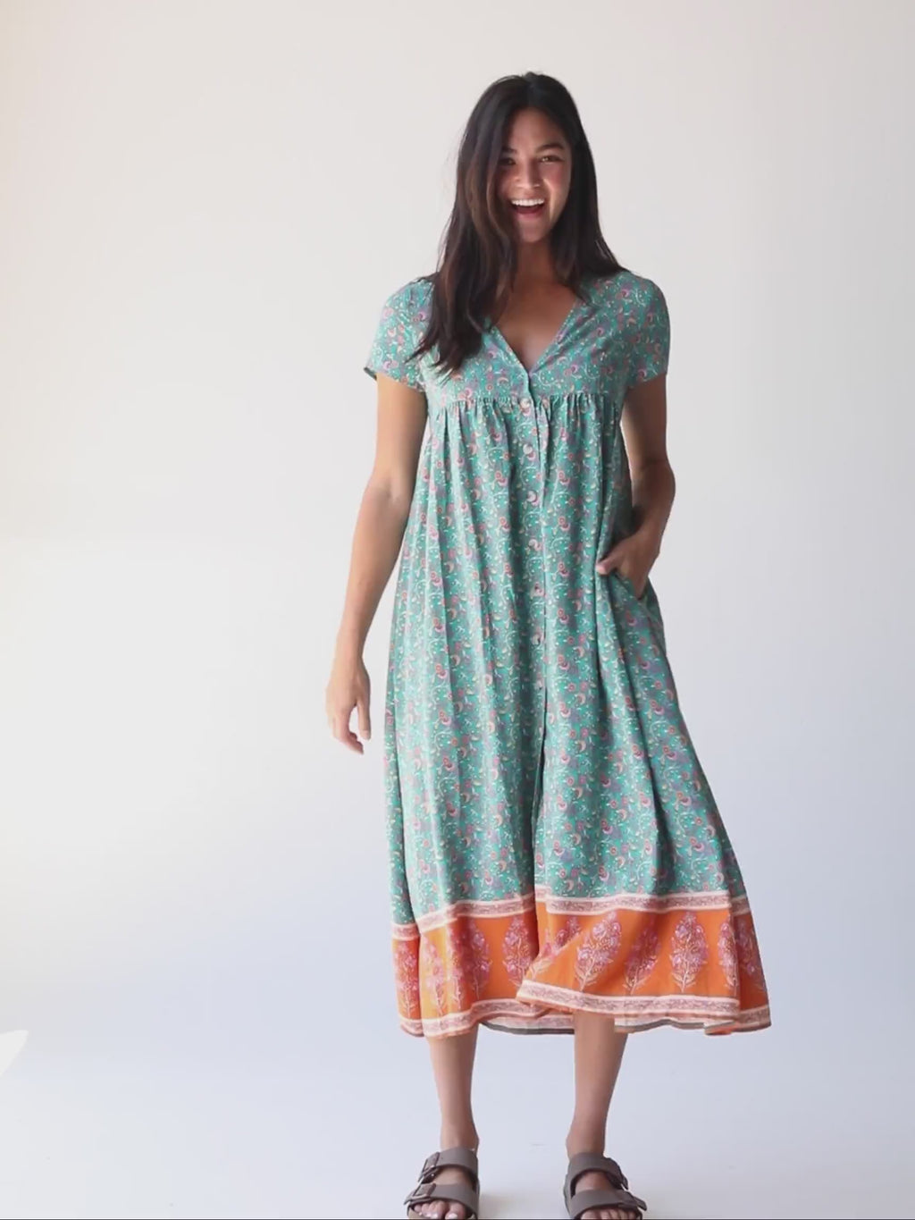 Avery Midi Dress - Turquoise Floral Border-view 4