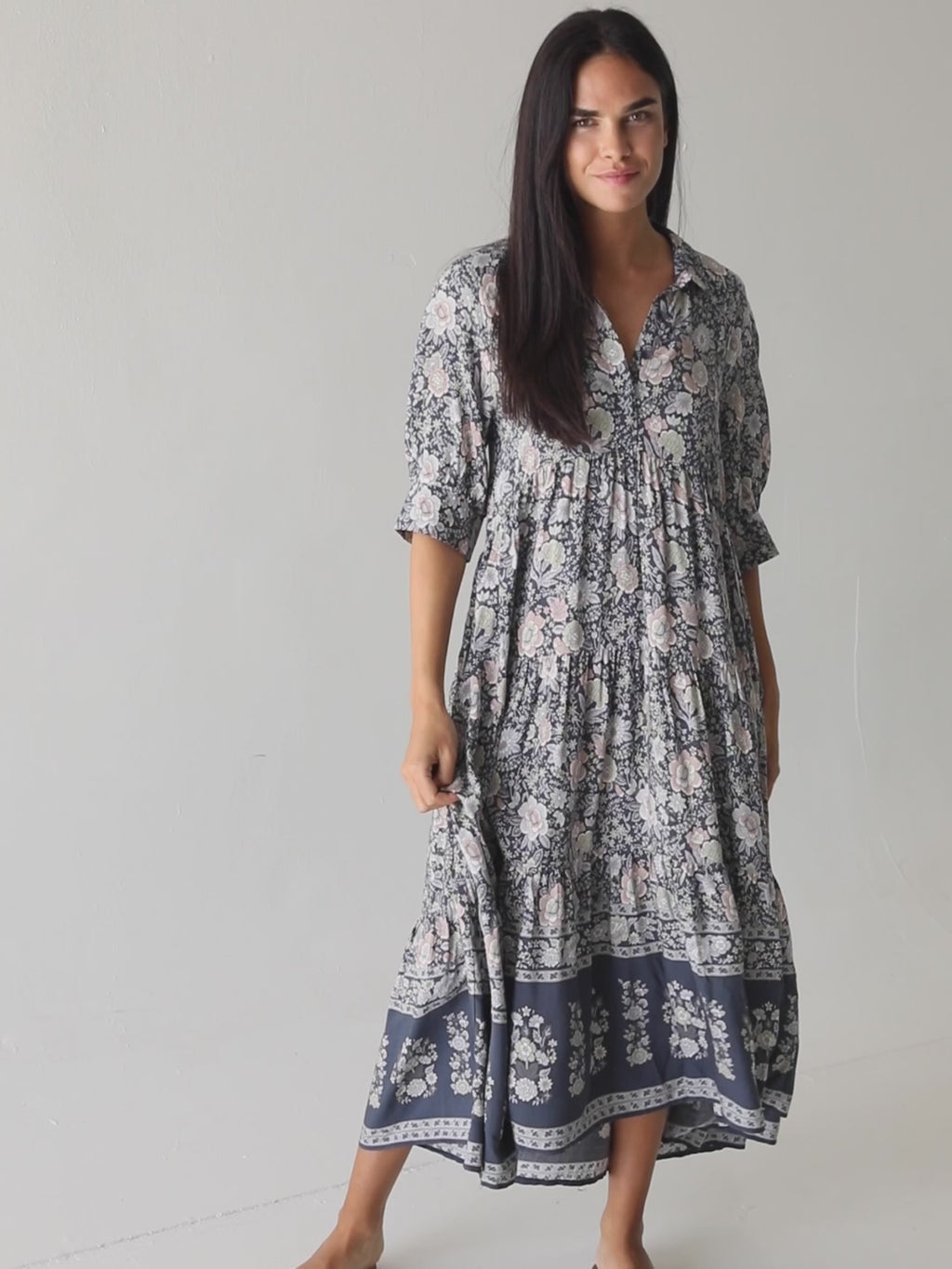 Rebecca Tiered Dress - Navy Grey Floral-view 5