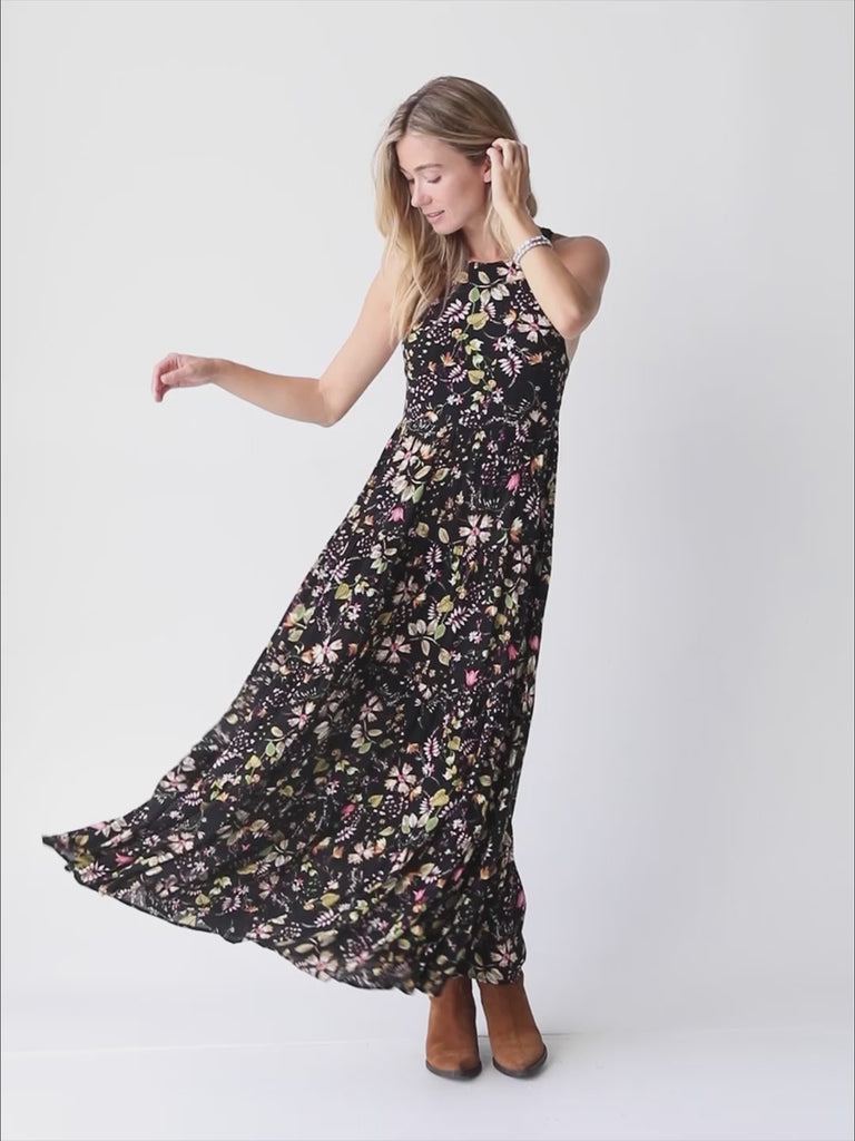 Halle Printed Halter Maxi Dress - Black Floral Stems-view 4