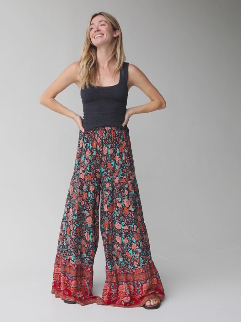 Patti Palazzo Pant|Navy Red Floral Border-view 3