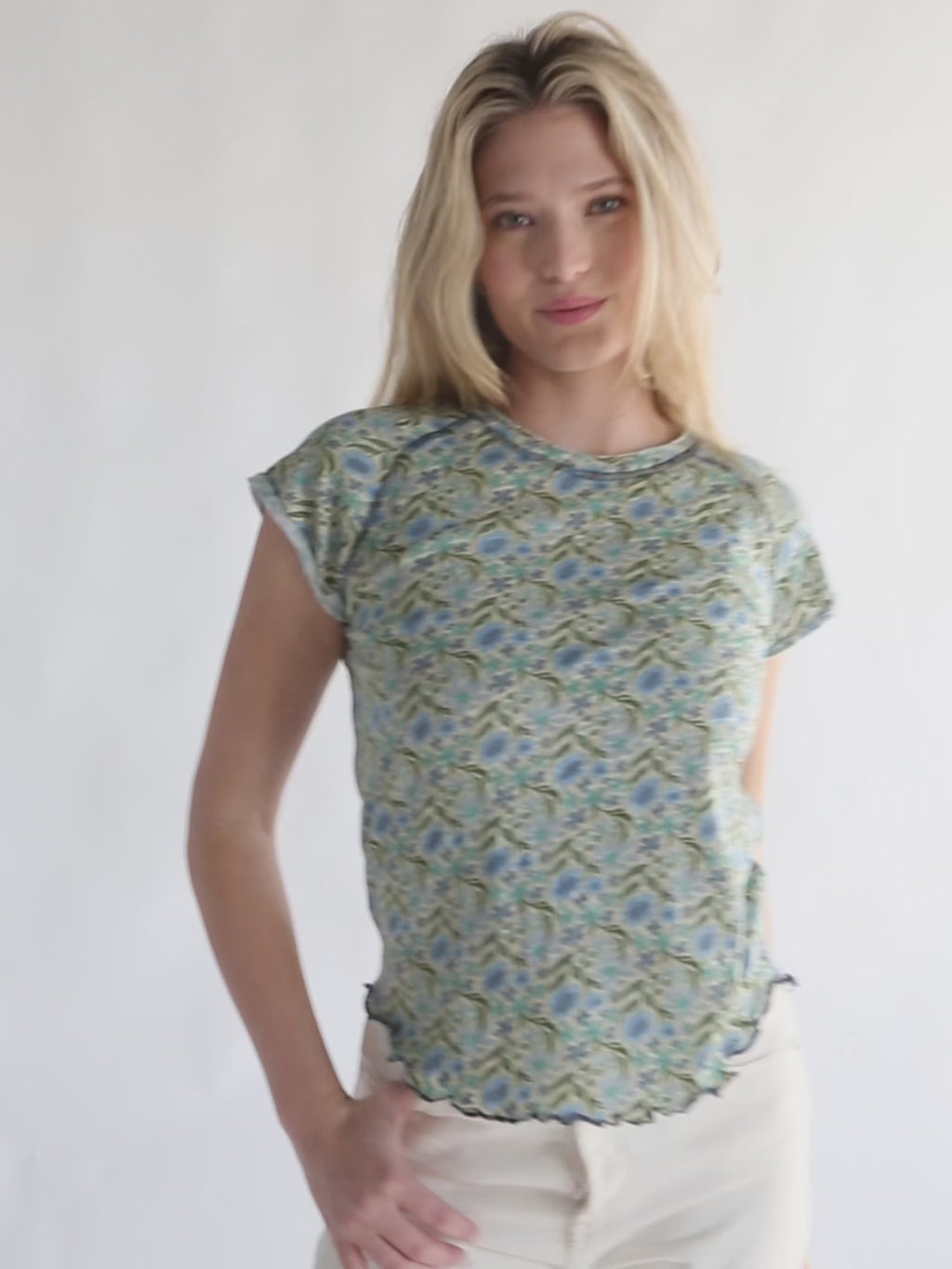 Lily Printed Knit Tee Shirt - Blue Floral-view 4