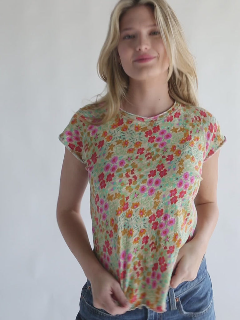 Lily Printed Knit Tee Shirt - Mustard Coral Floral-view 6