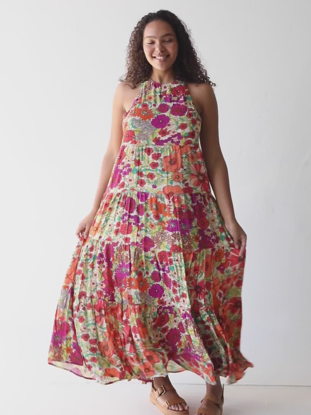 Halle Printed Halter Maxi Dress - Fuschia Floral-view 7