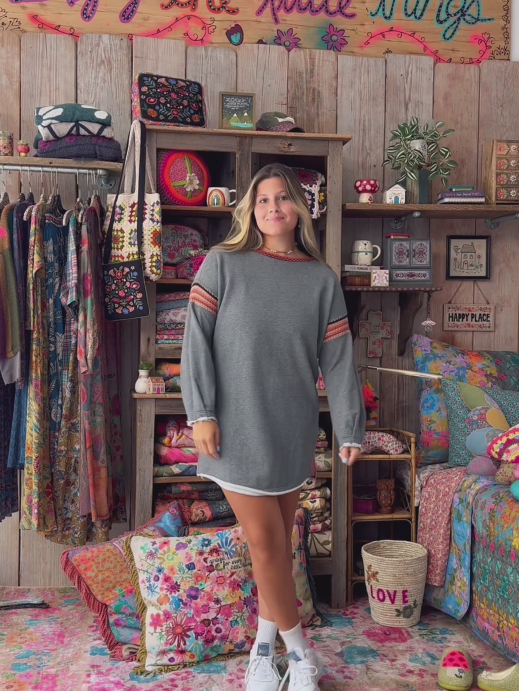 Knit Trim Sweatshirt Dress - Heather Grey-view 6
