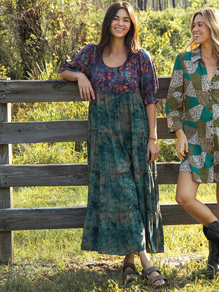 Collette Tiered Maxi Dress - Navy Turquoise Floral-view 3